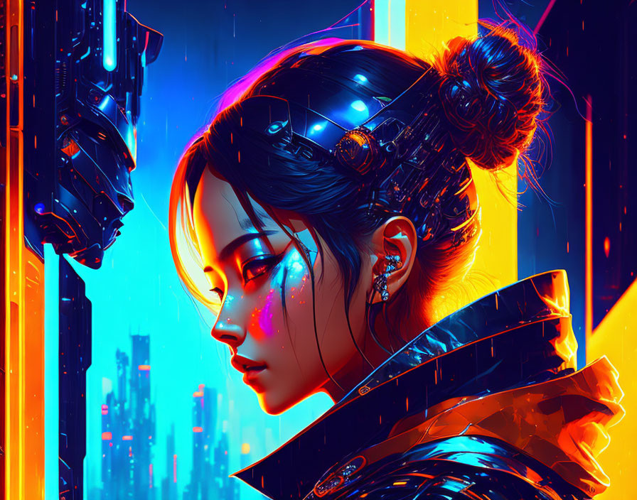 Cyberpunk Style Illustration of Woman with Cybernetic Enhancements