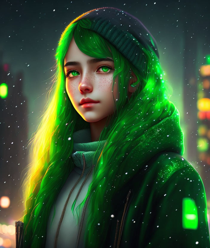 Girl with Green Hair and Freckles in Beanie and Hoodie, Snowflakes and City