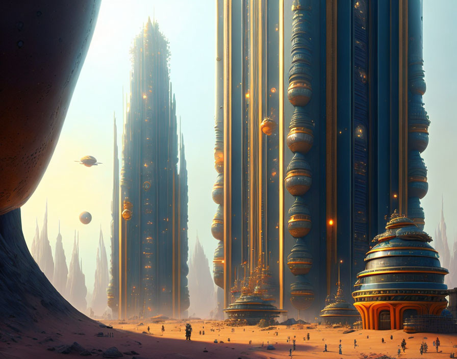 Futuristic cityscape with towering skyscrapers and flying orbs in a desert setting