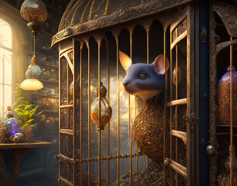 Cat with expressive eyes in golden birdcage among lanterns