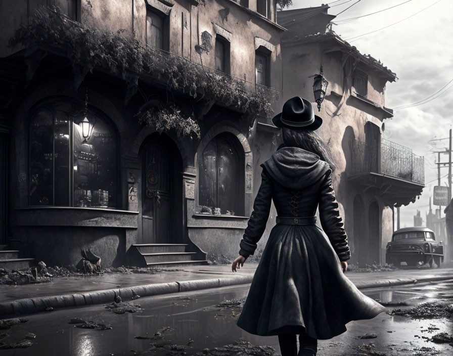 Person in Coat and Hat on Cobblestone Street with European Buildings and Overcast Sky