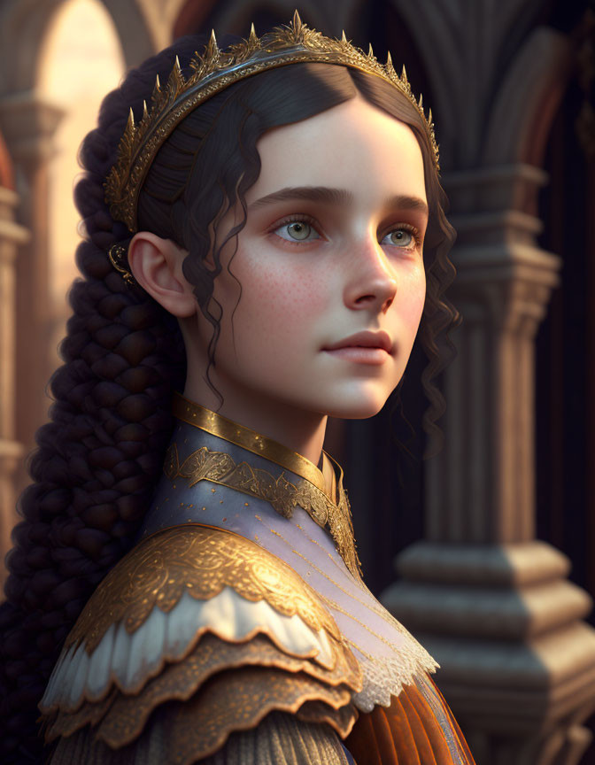 Young girl with braided hair and golden crown in noble gown against gothic arch.