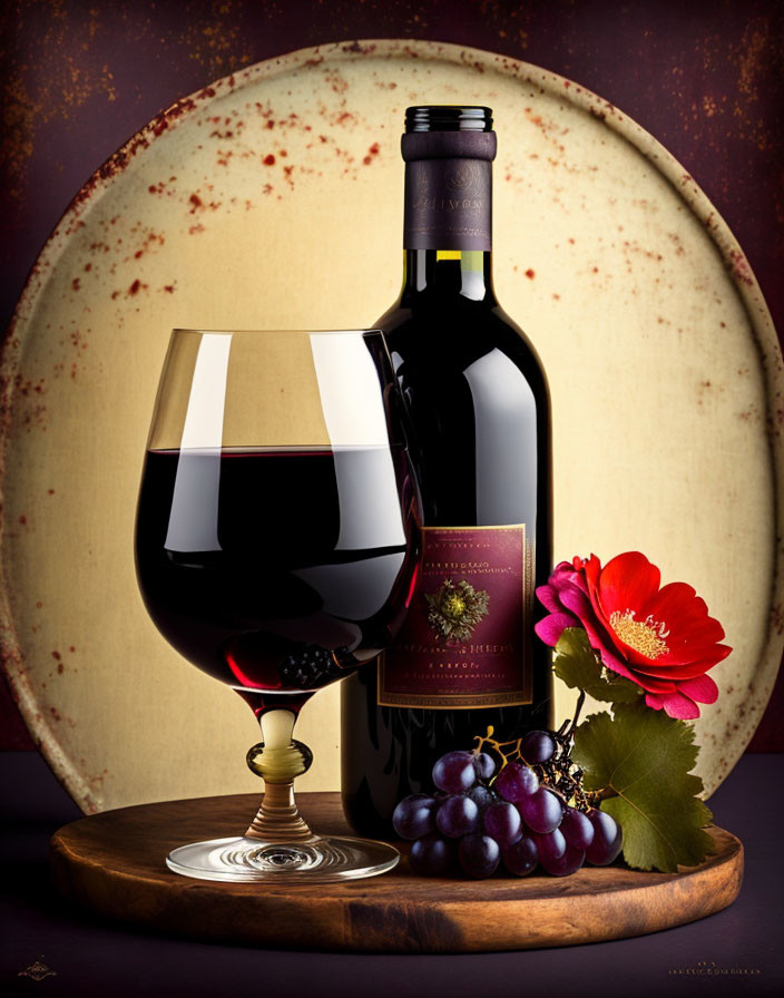 Red wine bottle, glass, grapes, and flower on wooden plate with vintage backdrop