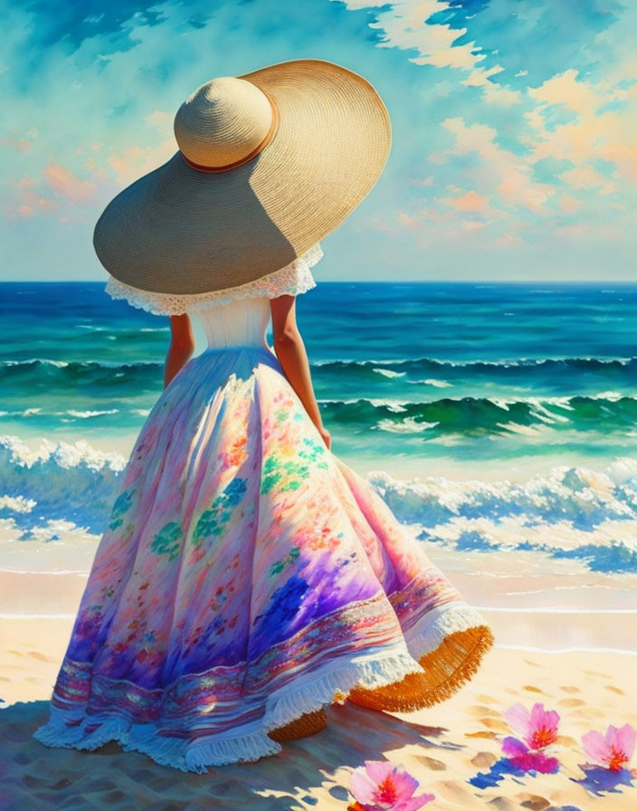 Woman in floral dress and hat on beach under blue sky