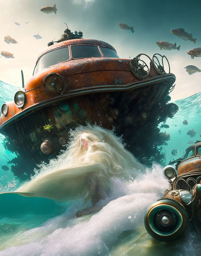 Seabed with vintage vehicles, ship, fish in green waters