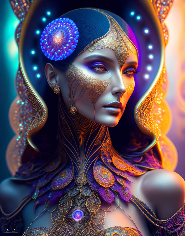 Surreal digital artwork of a woman with ornate peacock-themed headdress and vibrant colors