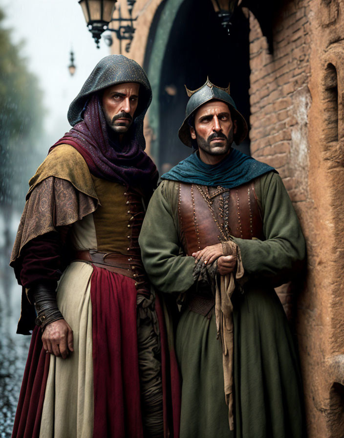 Medieval men in somber attire by stone wall