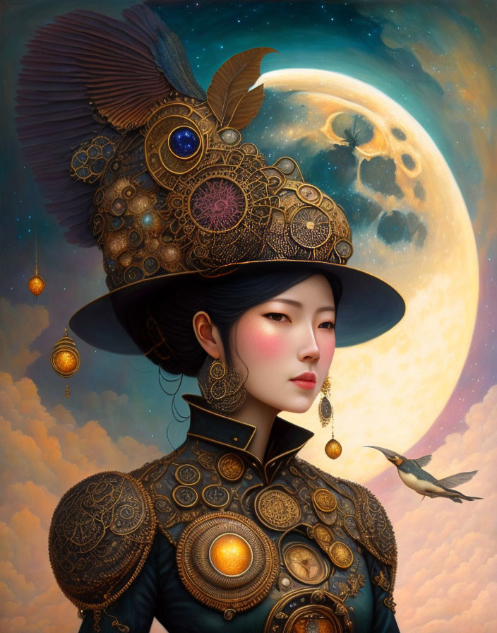 Woman in Golden Armor with Moon and Bird Background