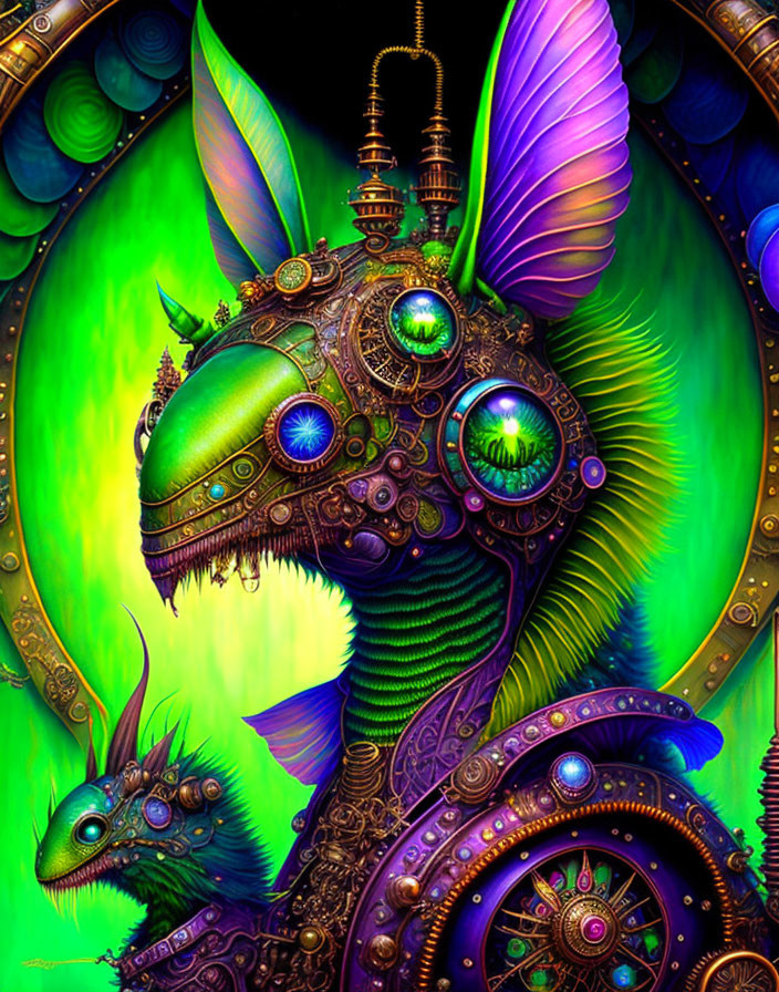 Colorful mechanical dragon with shimmering wings on green backdrop