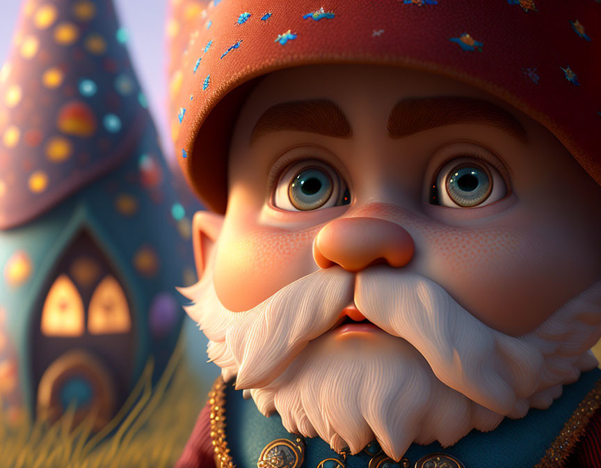 Detailed 3D animated gnome with white beard and red hat