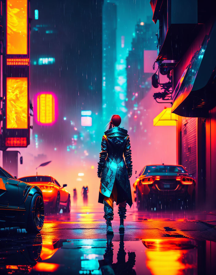 Person in Red Hoodie Stands on Wet Night Street Facing Neon Cityscape