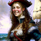 Smiling female pirate with red skull-adorned hat by ship at sea