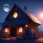 Whimsical house with glowing windows, friendly robots, moon, and planet