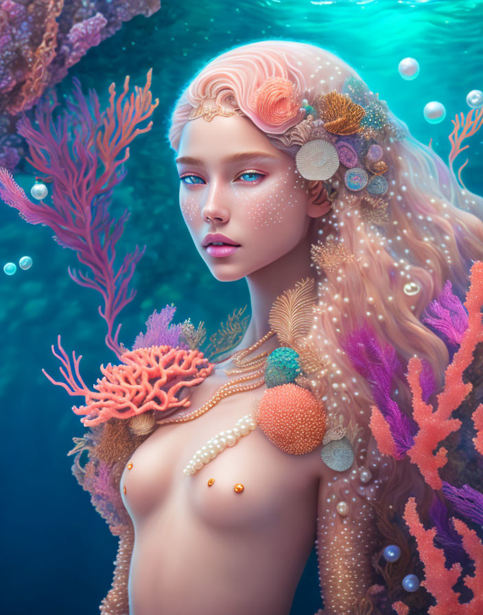 Vibrant underwater scene with coral-adorned mermaid and pink hair