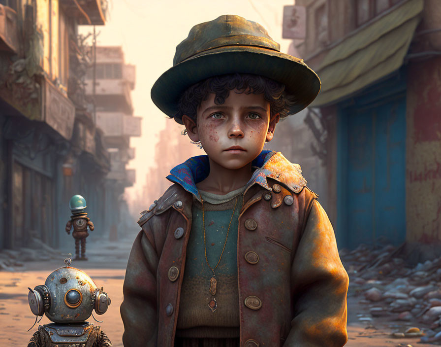 Curly-haired child and robot in abandoned urban scene