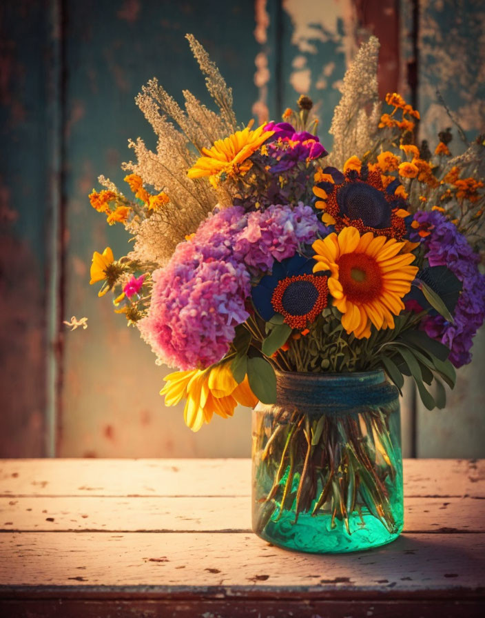 Colorful Rustic Flower Bouquet in Glass Jar on Wooden Surface