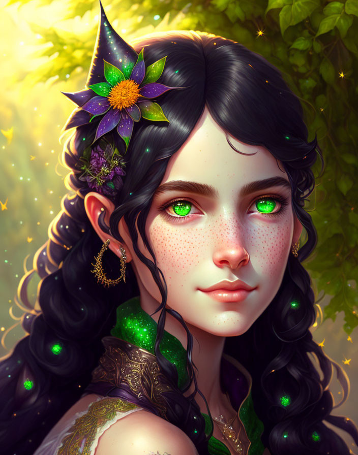 Fantasy character portrait with emerald eyes, freckles, dark hair, flowers, leaves,