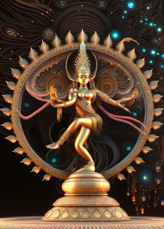 Multi-armed deity in golden aura performing dance in flames against cosmic backdrop