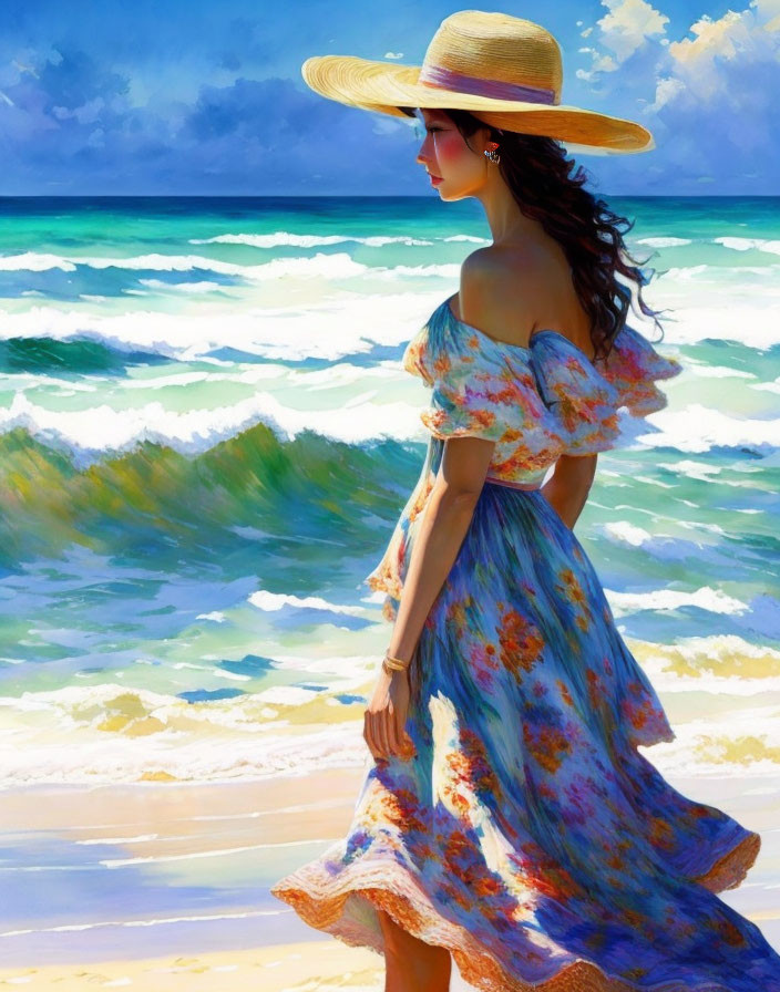 Woman in floral dress and hat on sunny beach with rolling waves