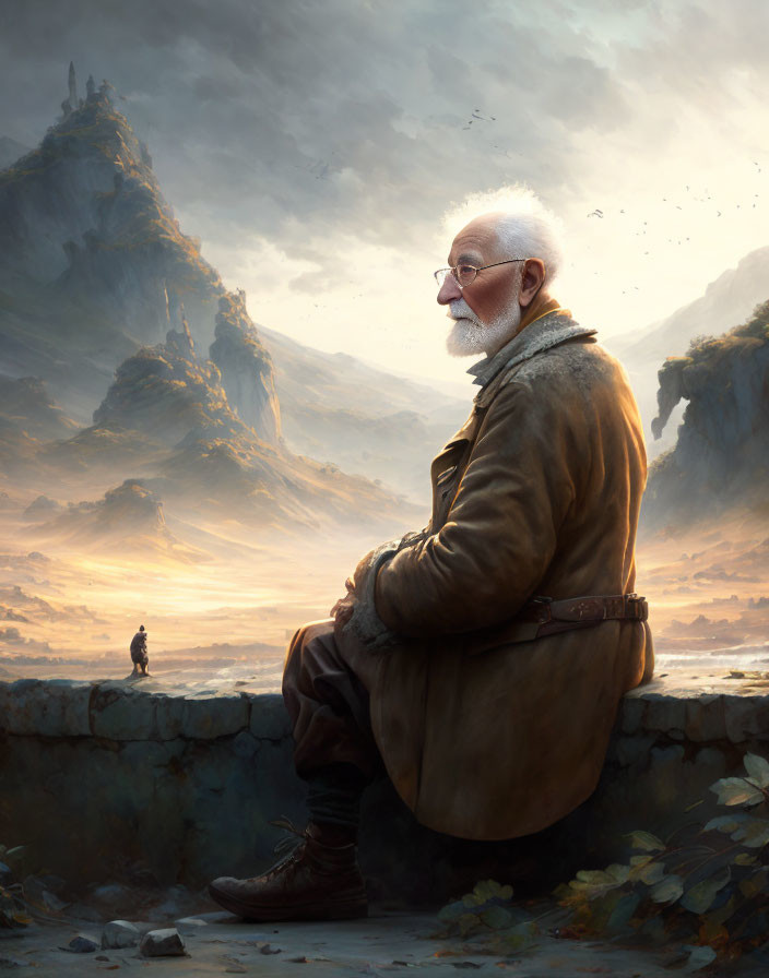 Elderly man with white beard and glasses gazes at coastal landscape