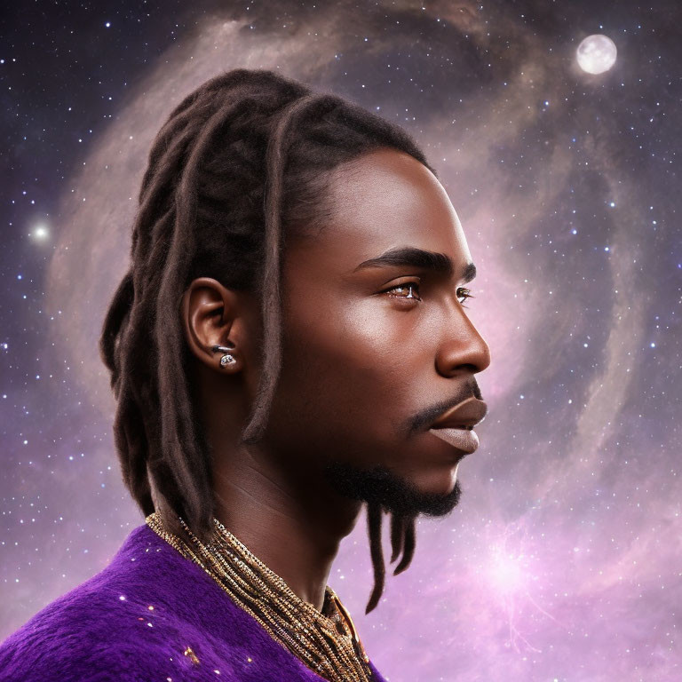 Man with Dreadlocks in Purple Shirt on Cosmic Starry Background