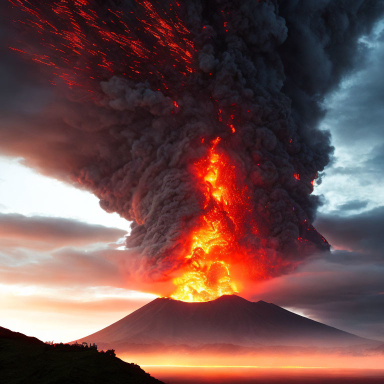 Volcanic eruption with glowing lava and ash plume at twilight