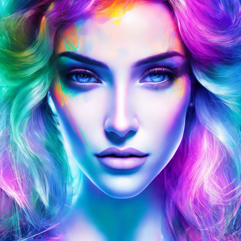 Colorful digital artwork: Woman with multicolored hair and glowing complexion on vibrant background