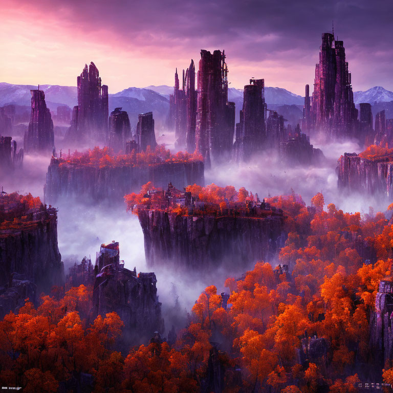 Purple rock formations in forested landscape under dusk sky