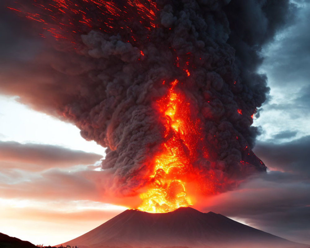 Volcanic eruption with glowing lava and ash plume at twilight