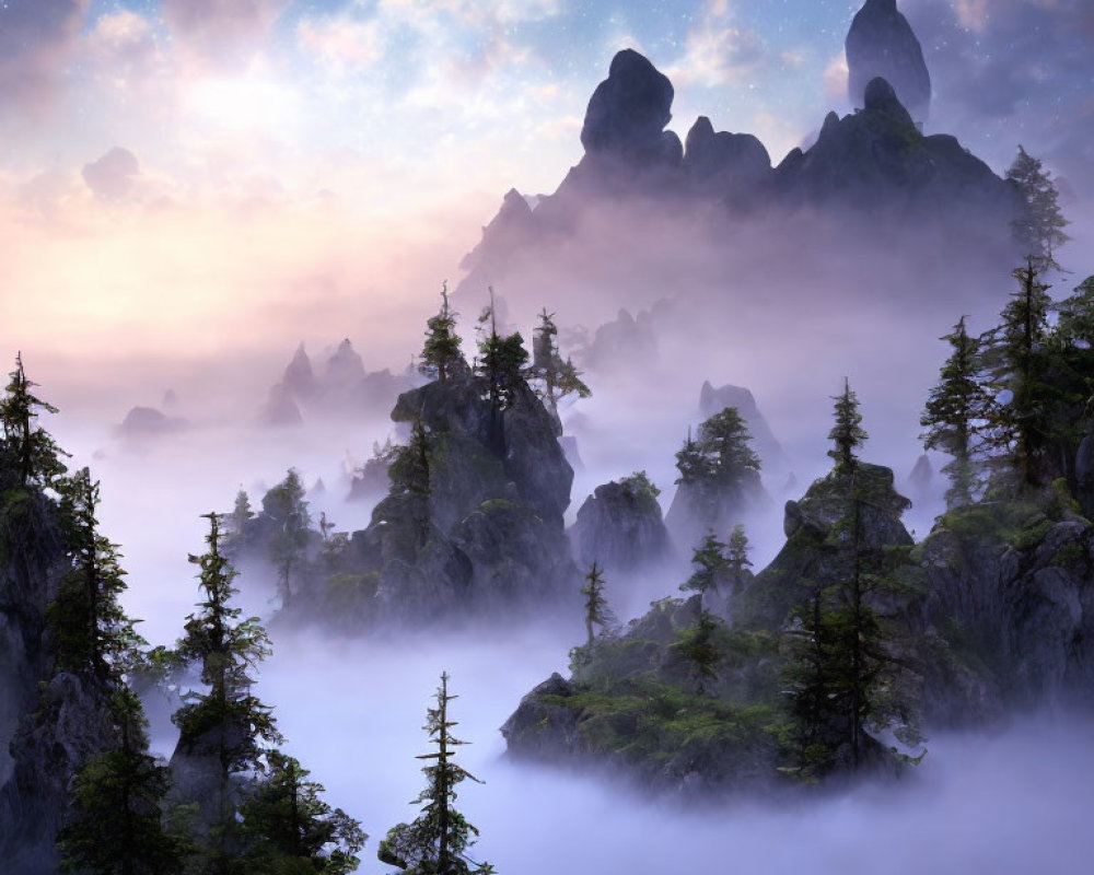 Twilight mountain landscape with evergreen trees and star-filled sky at dawn