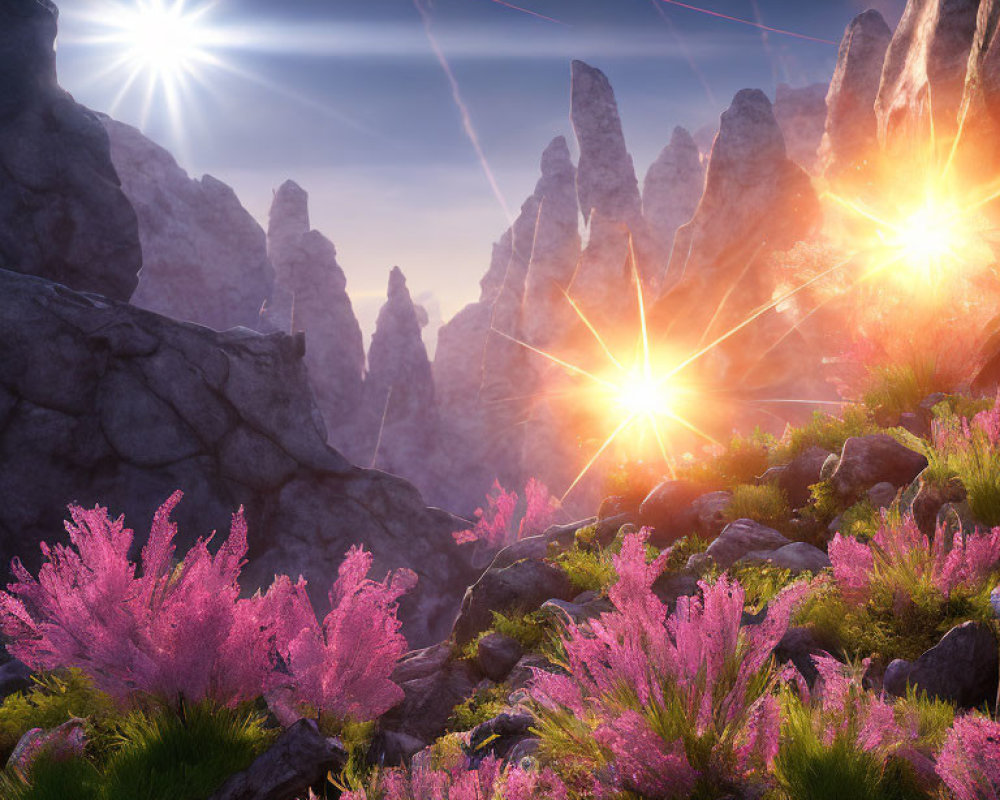 Vibrant landscape with pink flora, rocky terrain, and twin suns in clear sky