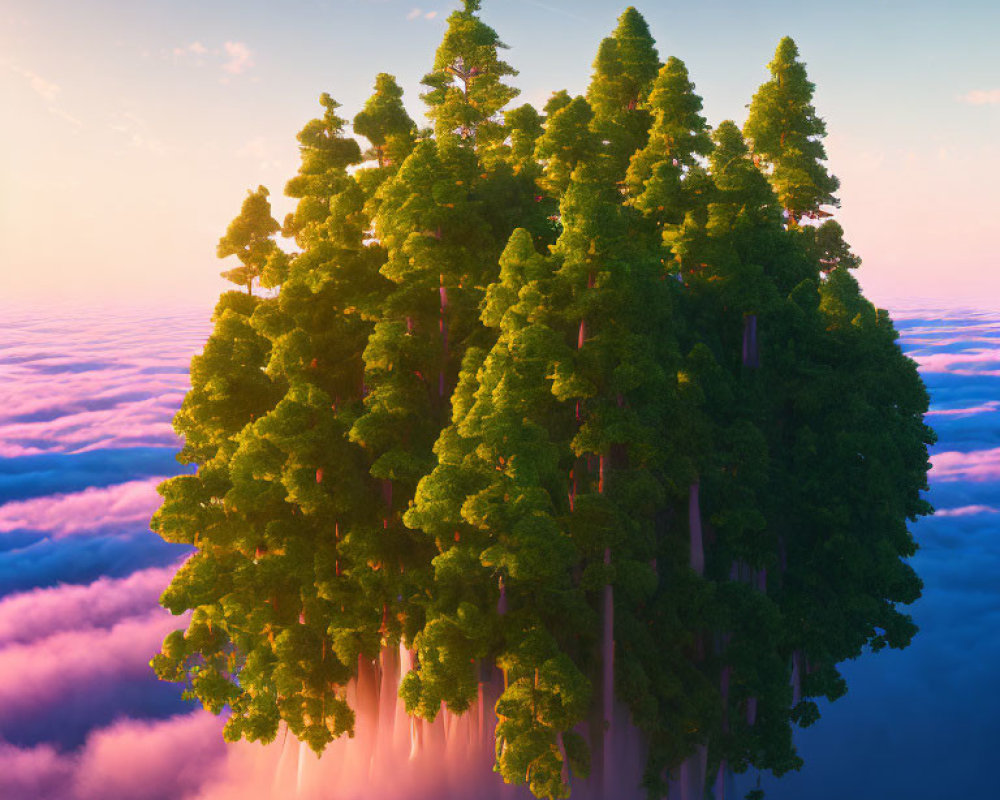 Lush green trees on vibrant floating island at sunset/sunrise