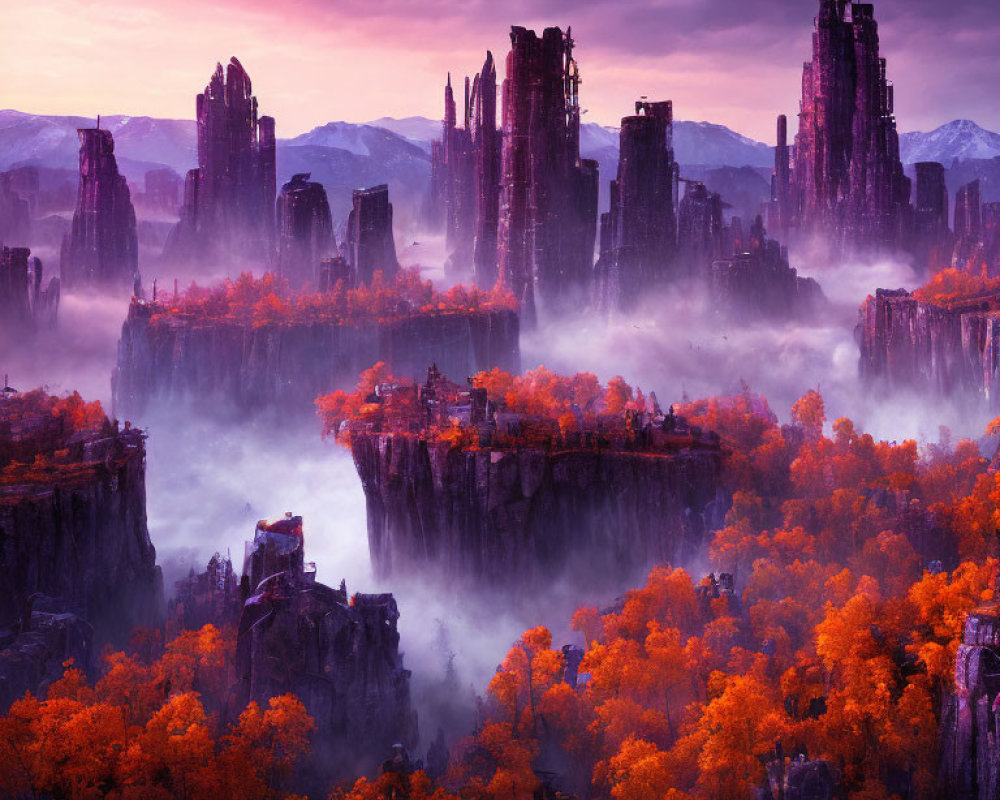 Purple rock formations in forested landscape under dusk sky