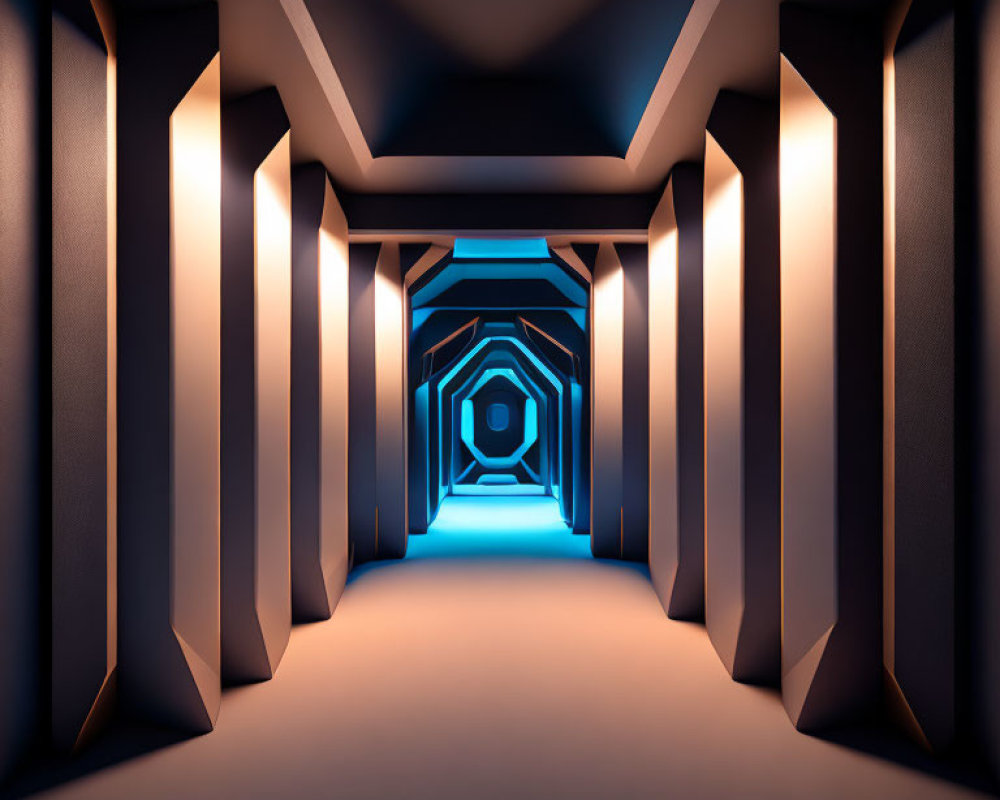 Futuristic corridor with hexagonal patterns and blue lighting