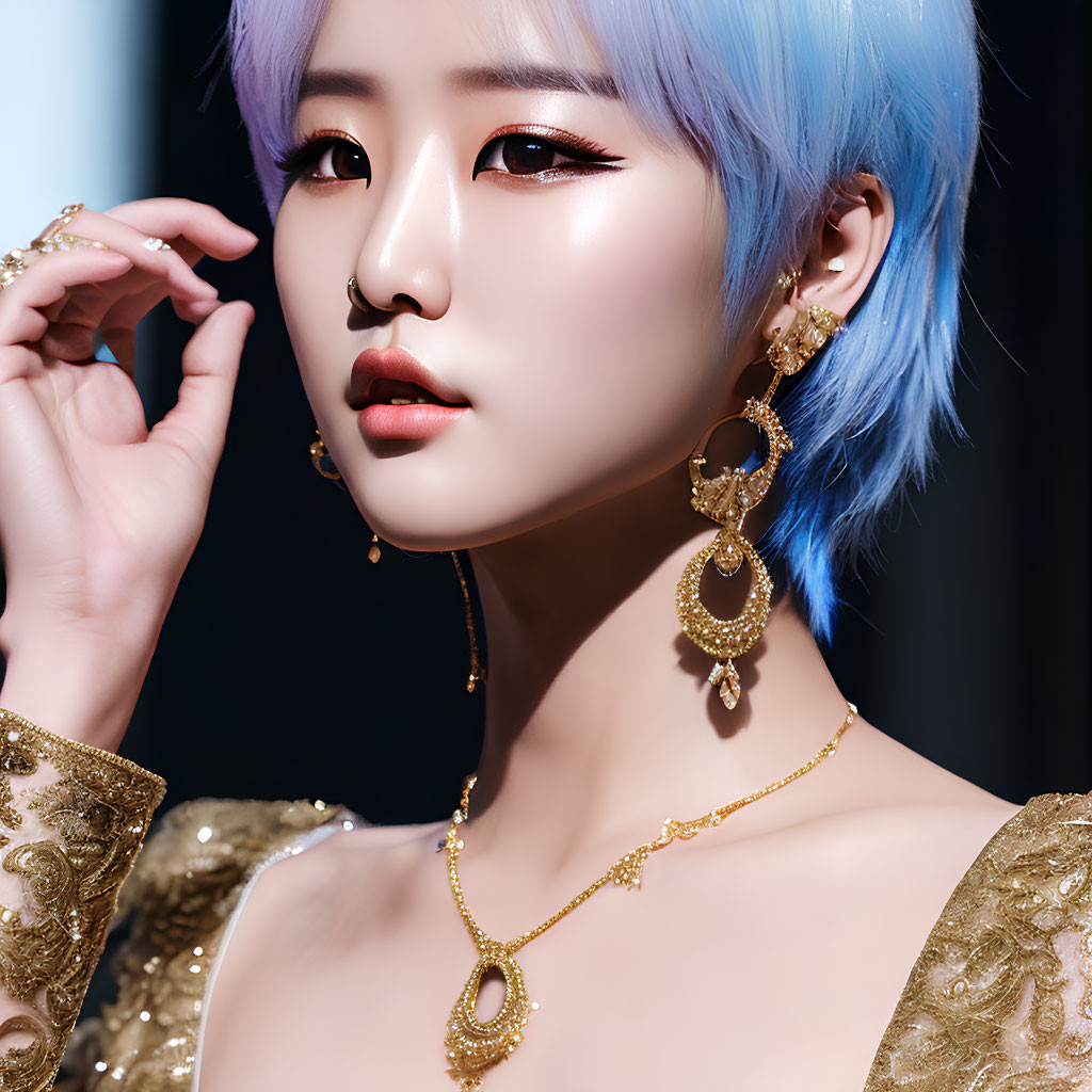 Portrait of Person with Purple and Blue Dual-Toned Hair and Ornate Gold Jewelry