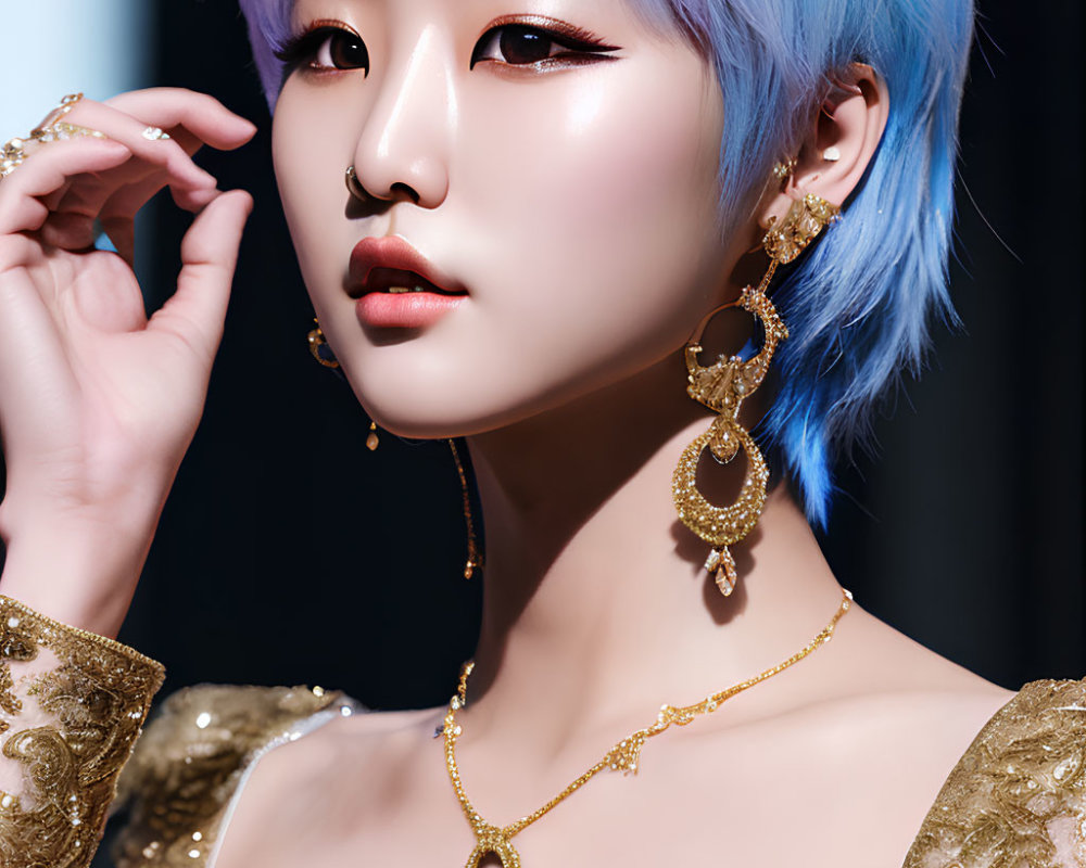 Portrait of Person with Purple and Blue Dual-Toned Hair and Ornate Gold Jewelry