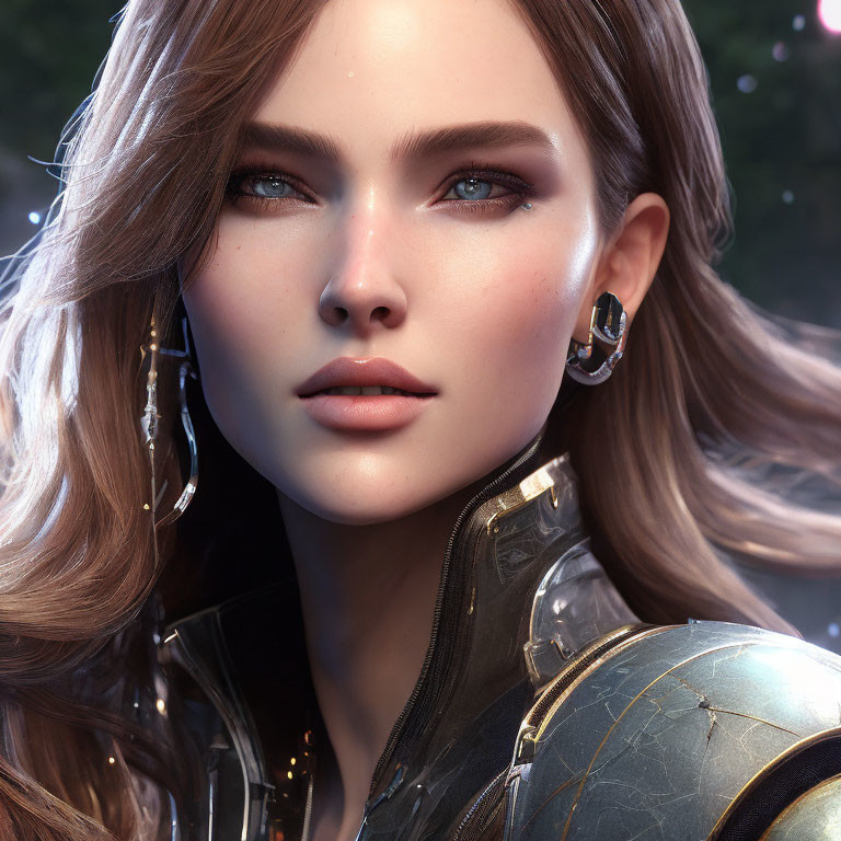 Close-up of female with blue eyes and wavy brown hair in futuristic armor, silver earrings, bo