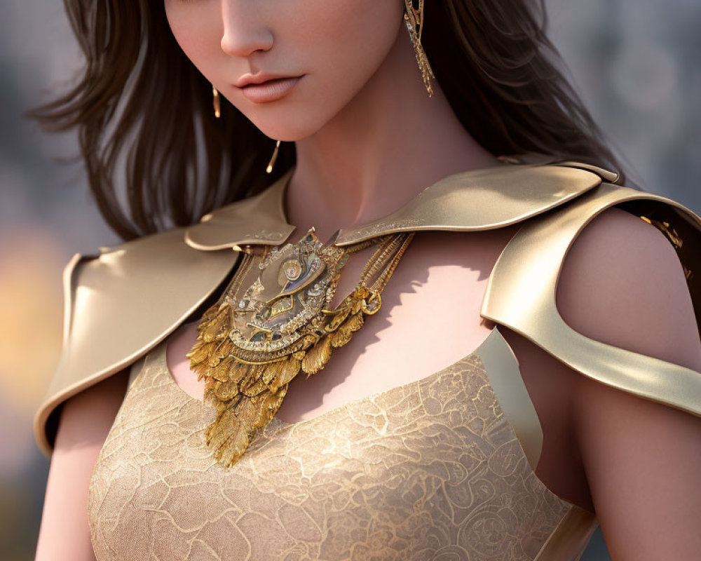 3D-rendered female character in cream dress with gold jewelry