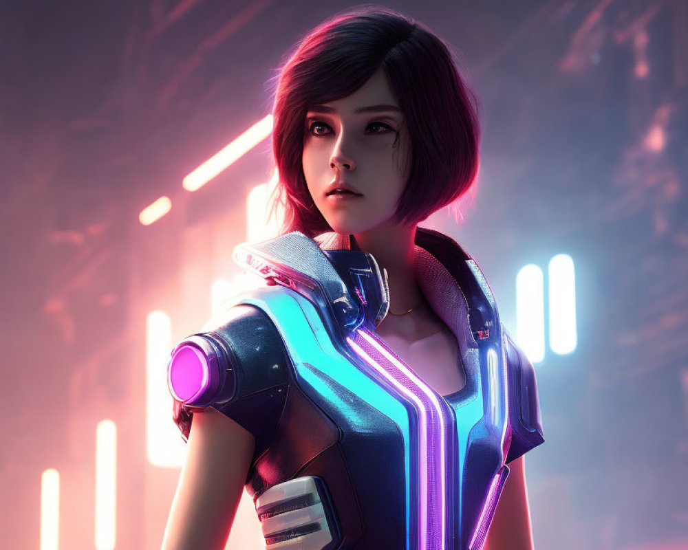 Futuristic digital artwork of female character in neon armor against cybernetic backdrop