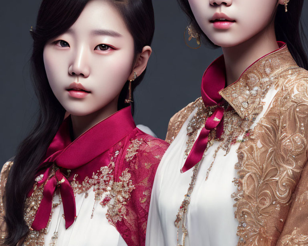 Two people in traditional-inspired attire with embroidery and bold makeup on grey background