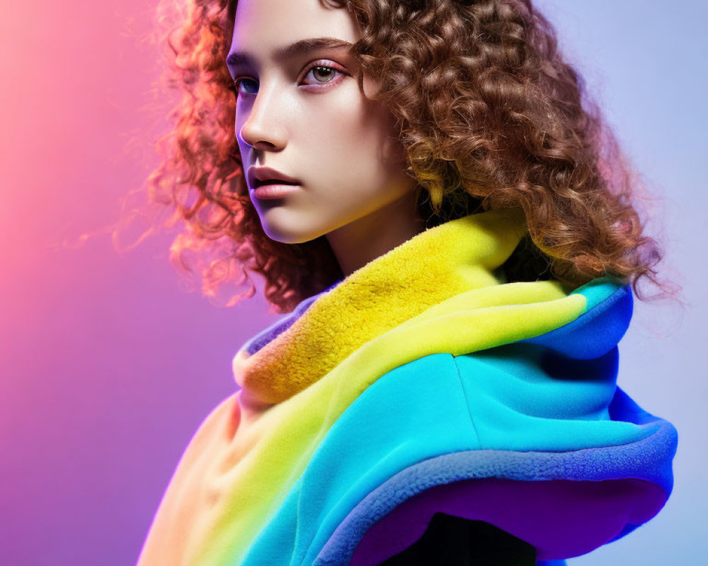 Curly-haired woman in colorful hoodie on pink and blue gradient backdrop