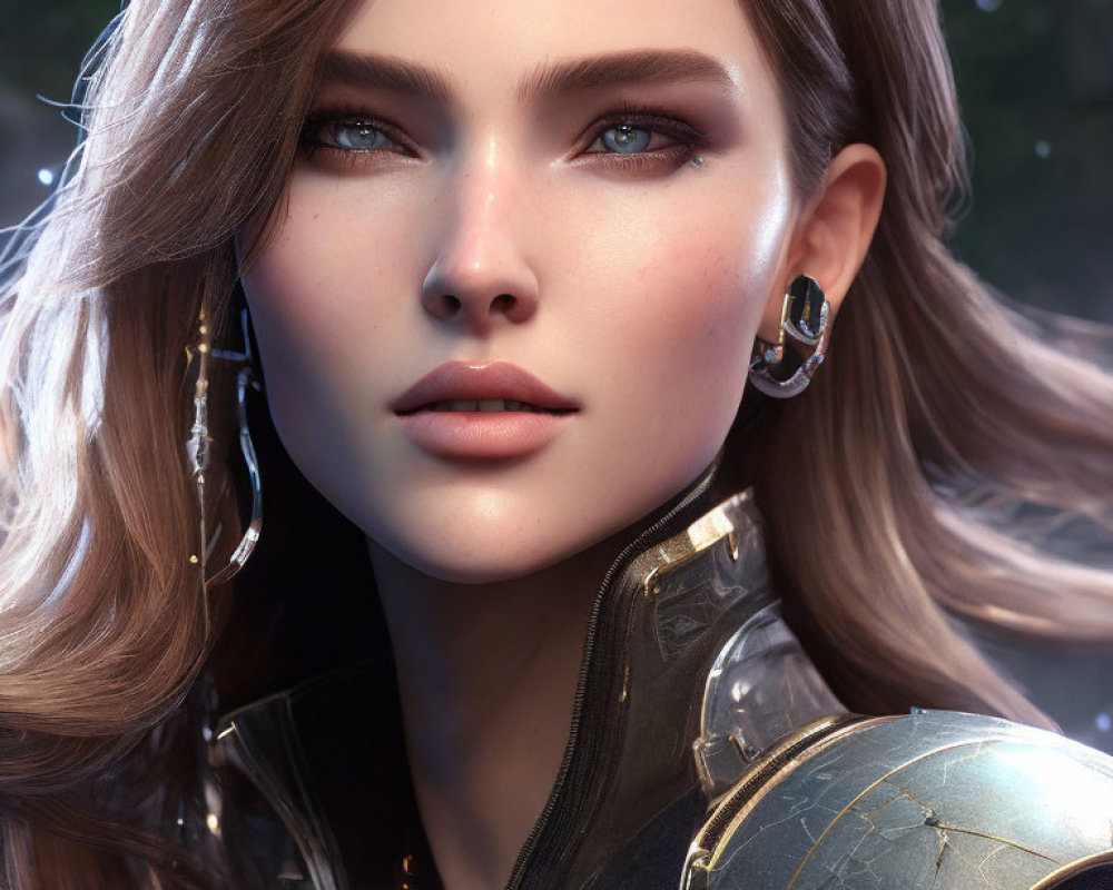 Close-up of female with blue eyes and wavy brown hair in futuristic armor, silver earrings, bo