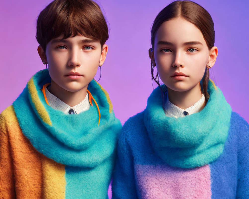 Two people with blue eyes in colorful scarves on purple backdrop