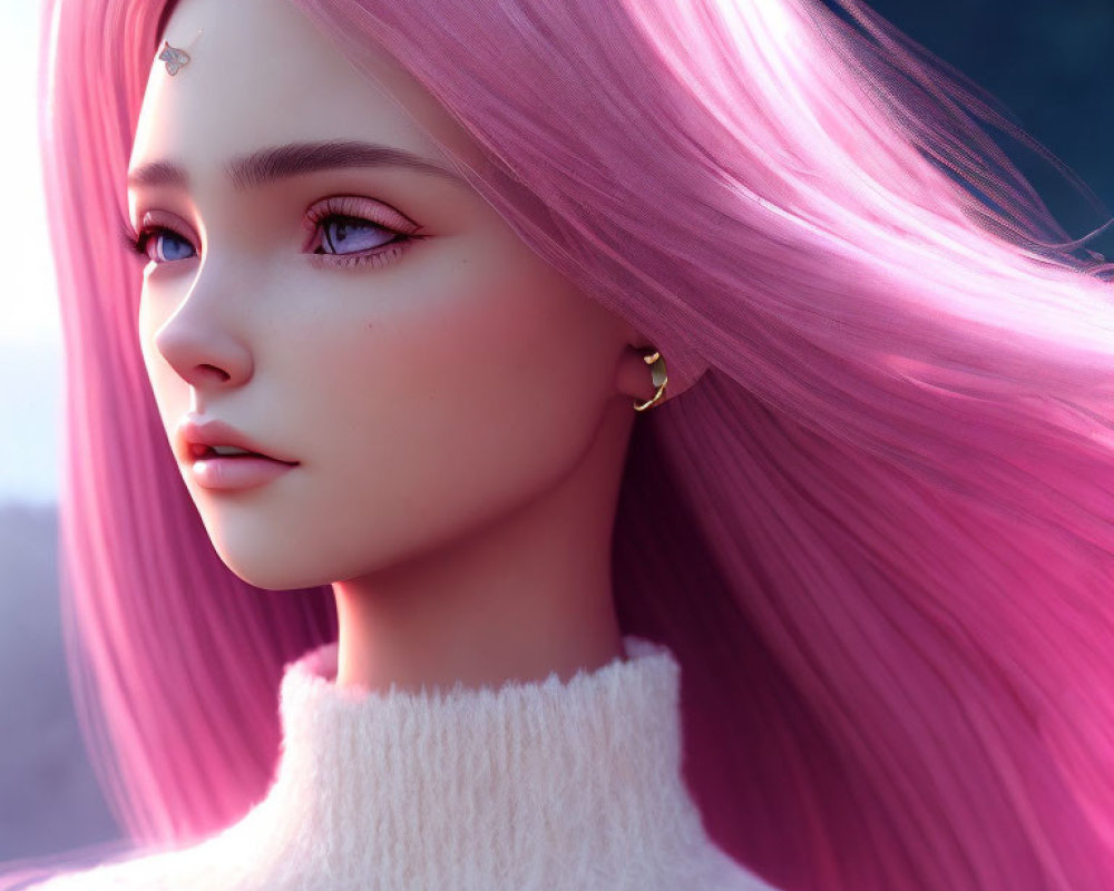 Digital artwork: Female character with long pink hair, fair skin, white turtleneck.