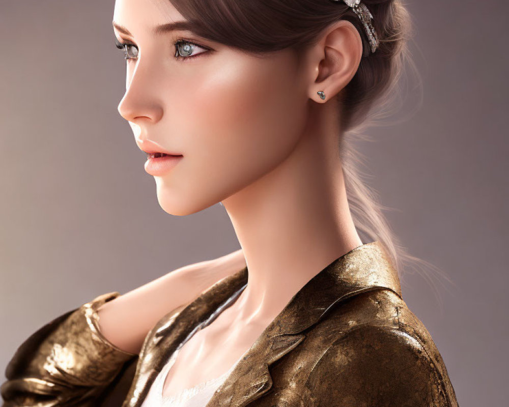 Woman with Jeweled Headband, Gold Jacket, and Stud Earring