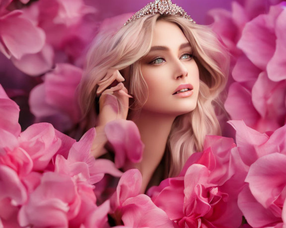 Woman with Crown Poses Among Pink Flowers