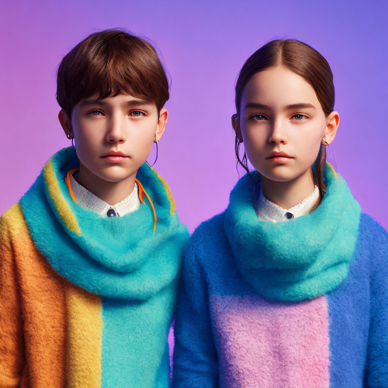 Two people with blue eyes in colorful scarves on purple backdrop