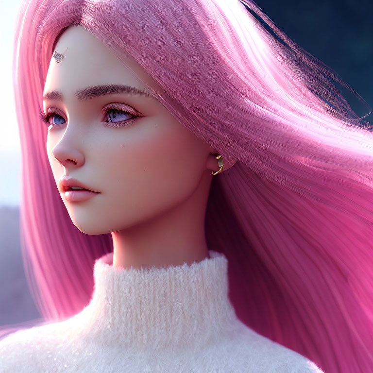 Digital artwork: Female character with long pink hair, fair skin, white turtleneck.