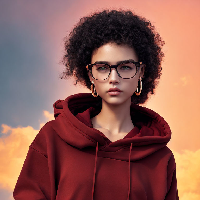 Curly-Haired Person in Glasses with Red Hoodie and Hoop Earrings