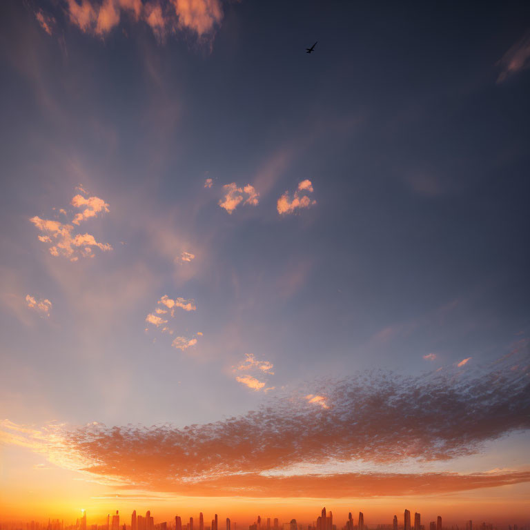 City skyline at sunset with warm orange and blue hues, solitary bird soaring.